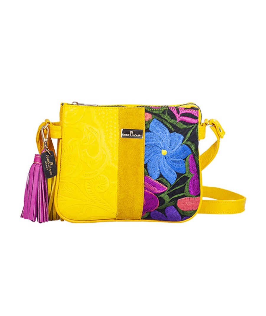 Bags Angel Lozano | Jaqueline Piel Grabada Telar Flores Mostaza