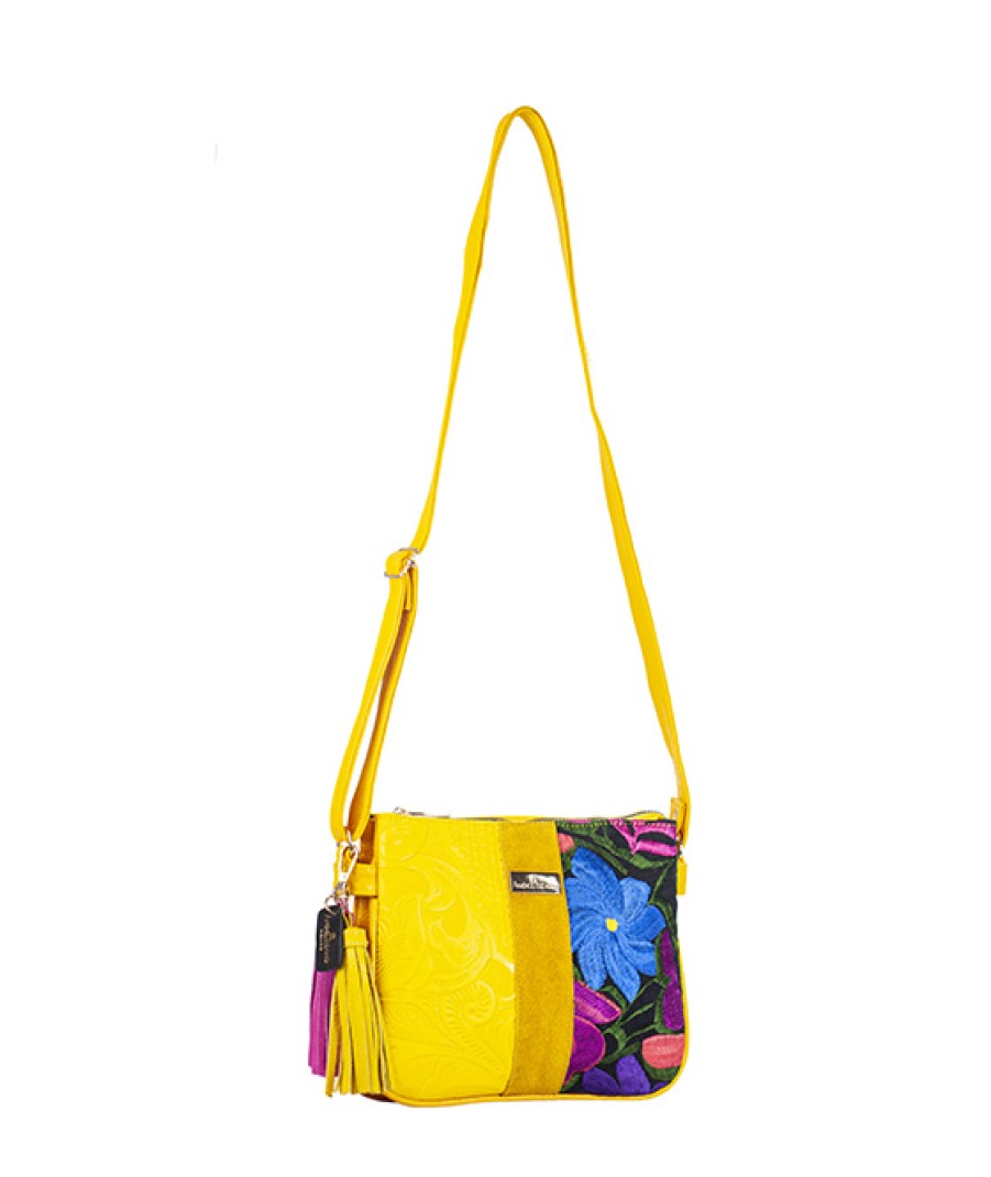 Bags Angel Lozano | Jaqueline Piel Grabada Telar Flores Mostaza