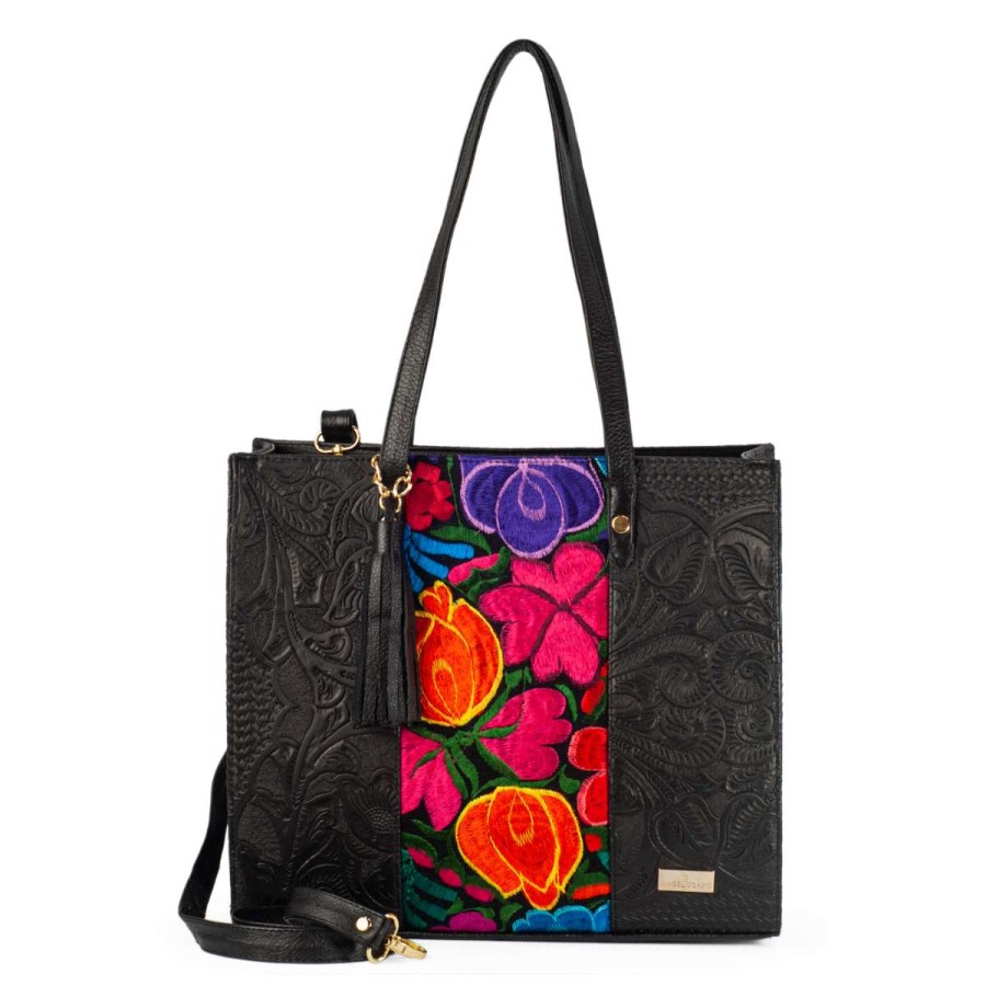 Bags Angel Lozano | Leonora Engraved Black Leather Loom Flowers