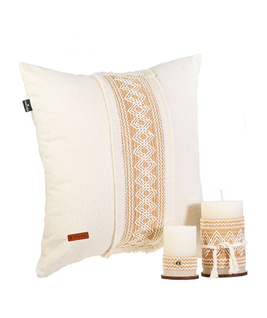 Cojines Angel Lozano | Beige Jute Rhombus Cushion And Candle Kit