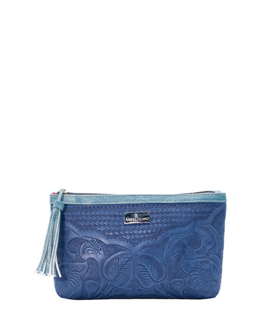 Accessories Angel Lozano | Jumbo Leather Engraved Cosmetic Case Blue