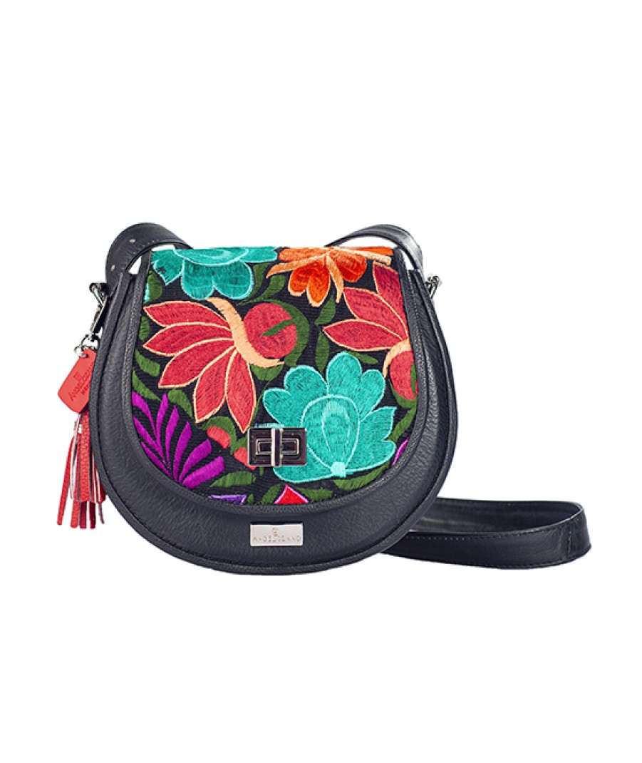 Bags Angel Lozano | Bolso Crossbody De Piel Vacuna Con Telar Chiapaneco, Modelo Natalia Color Negro