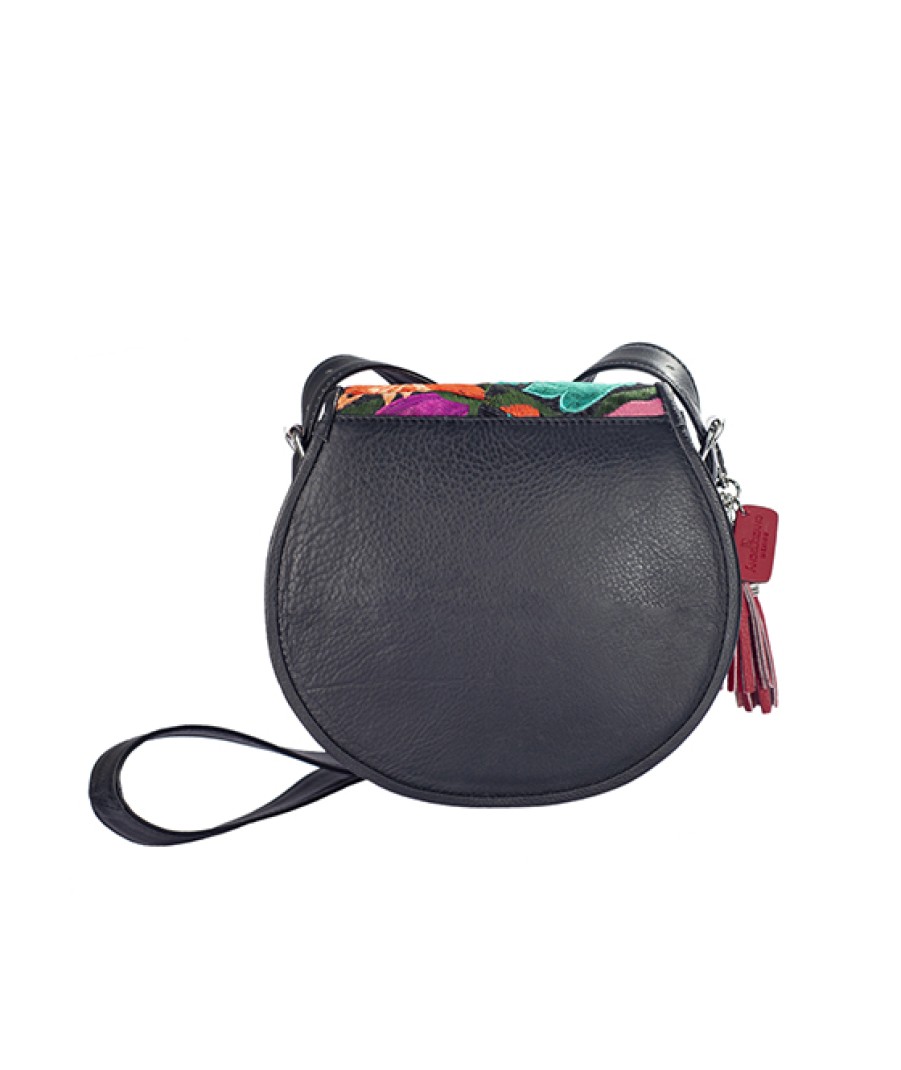 Bags Angel Lozano | Bolso Crossbody De Piel Vacuna Con Telar Chiapaneco, Modelo Natalia Color Negro