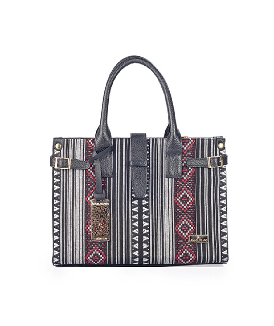 Bags Angel Lozano | Bolso Tipo Satchel Modelo Samantha Color Negro Con Telar Etnico