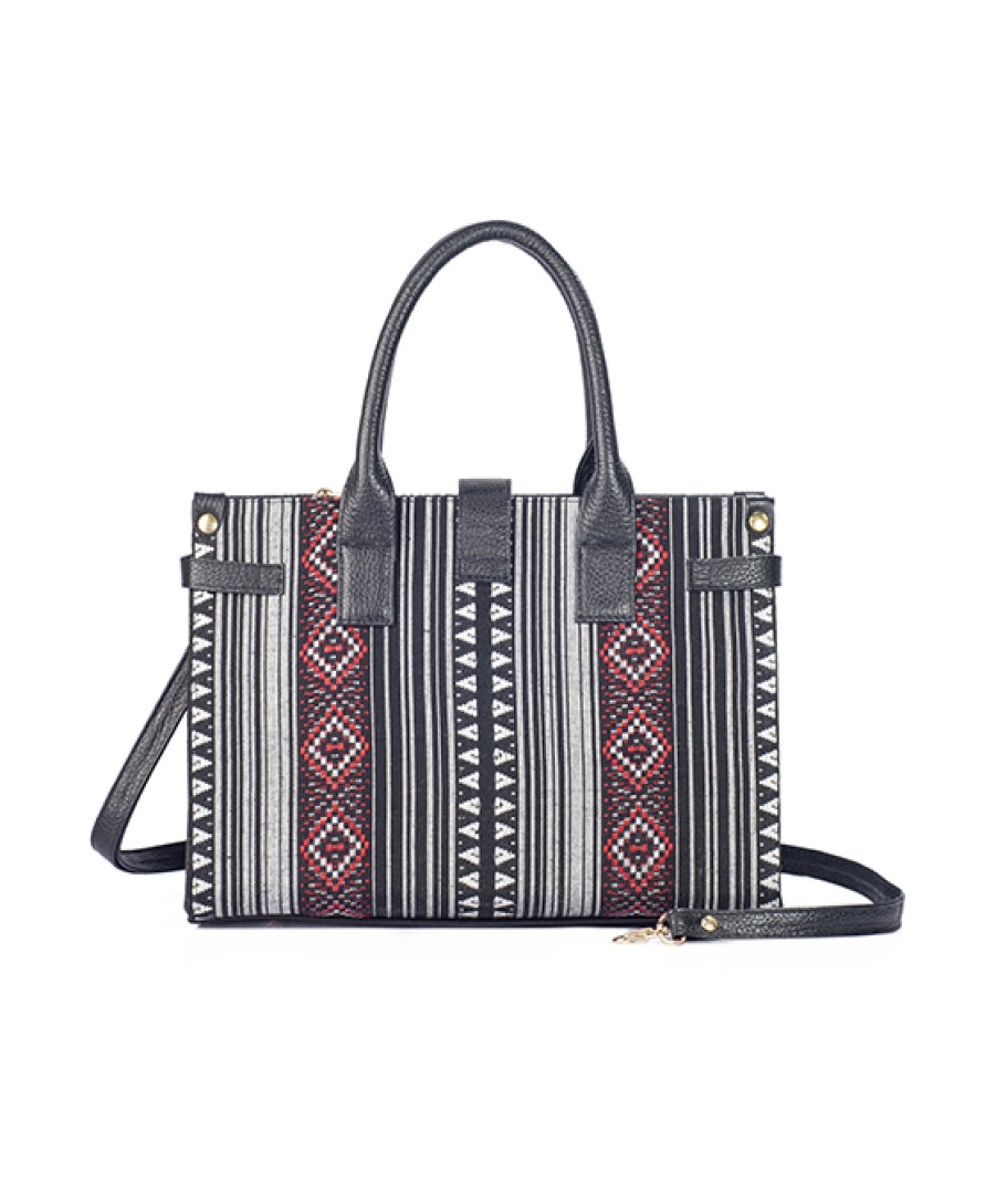 Bags Angel Lozano | Bolso Tipo Satchel Modelo Samantha Color Negro Con Telar Etnico