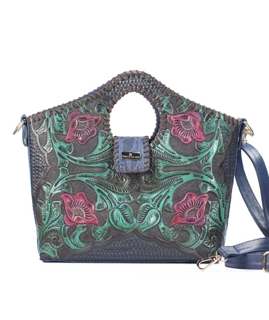 Bags Angel Lozano | Teresa Blue Painted Engraved Leather