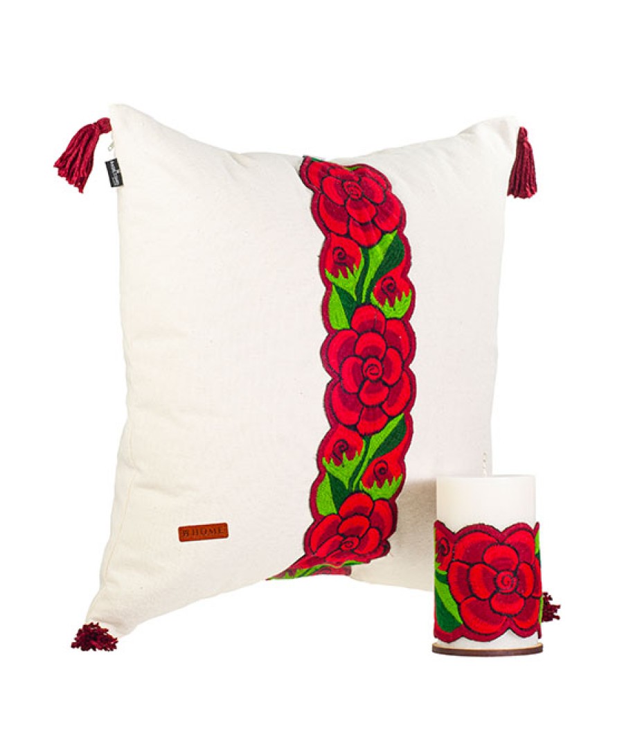 Cojines Angel Lozano | Red Flowers Embroidered Cushion And Candle Embroidered Sash Kit