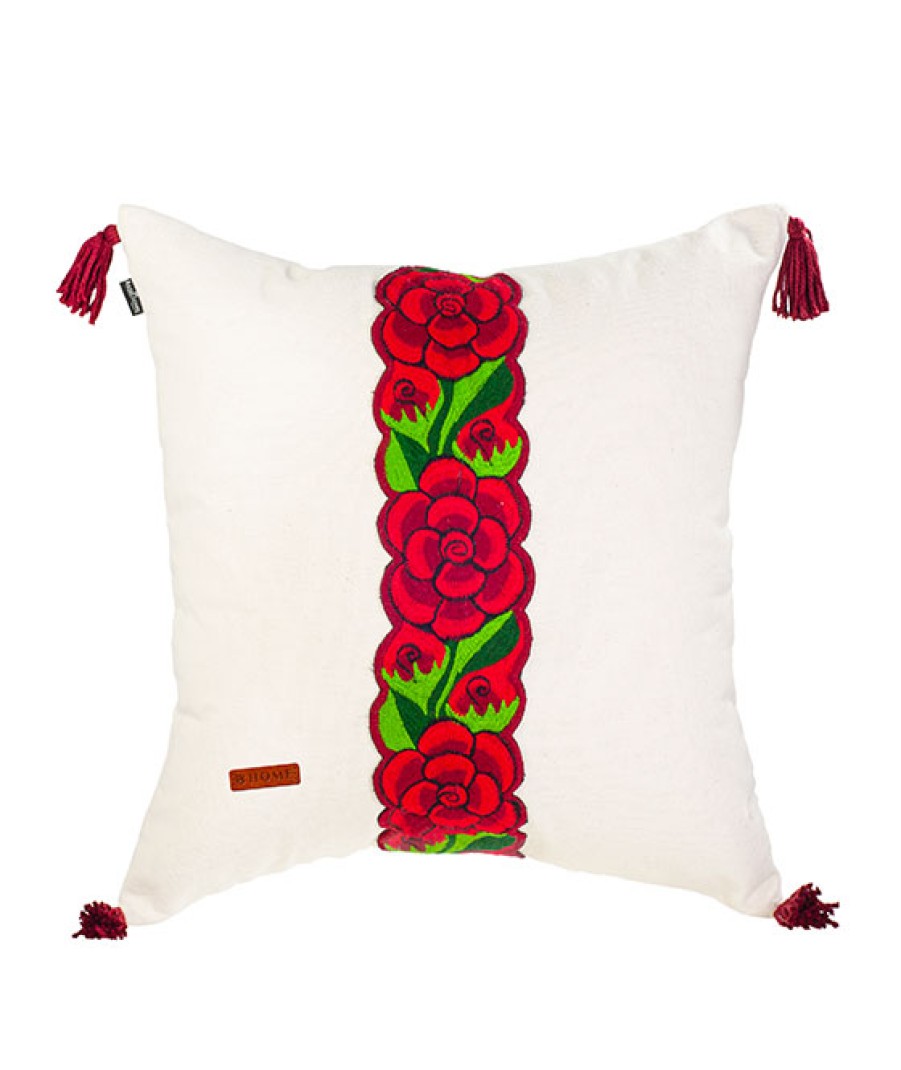 Cojines Angel Lozano | Red Flowers Embroidered Cushion And Candle Embroidered Sash Kit