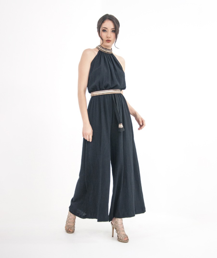 Clothing Angel Lozano | Jumpsuit Color Negro/Dorado Con Cinto De Tela Con Tira Dorada Con Barba Al-W40