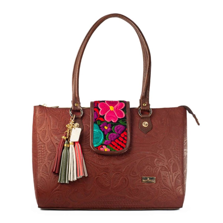 Bags Angel Lozano | Flora Engraved Leather Loom Brown Flowers