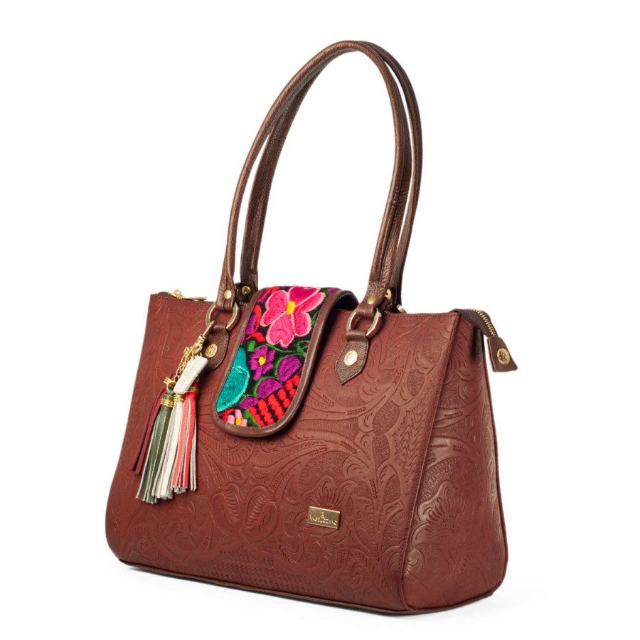 Bags Angel Lozano | Flora Engraved Leather Loom Brown Flowers